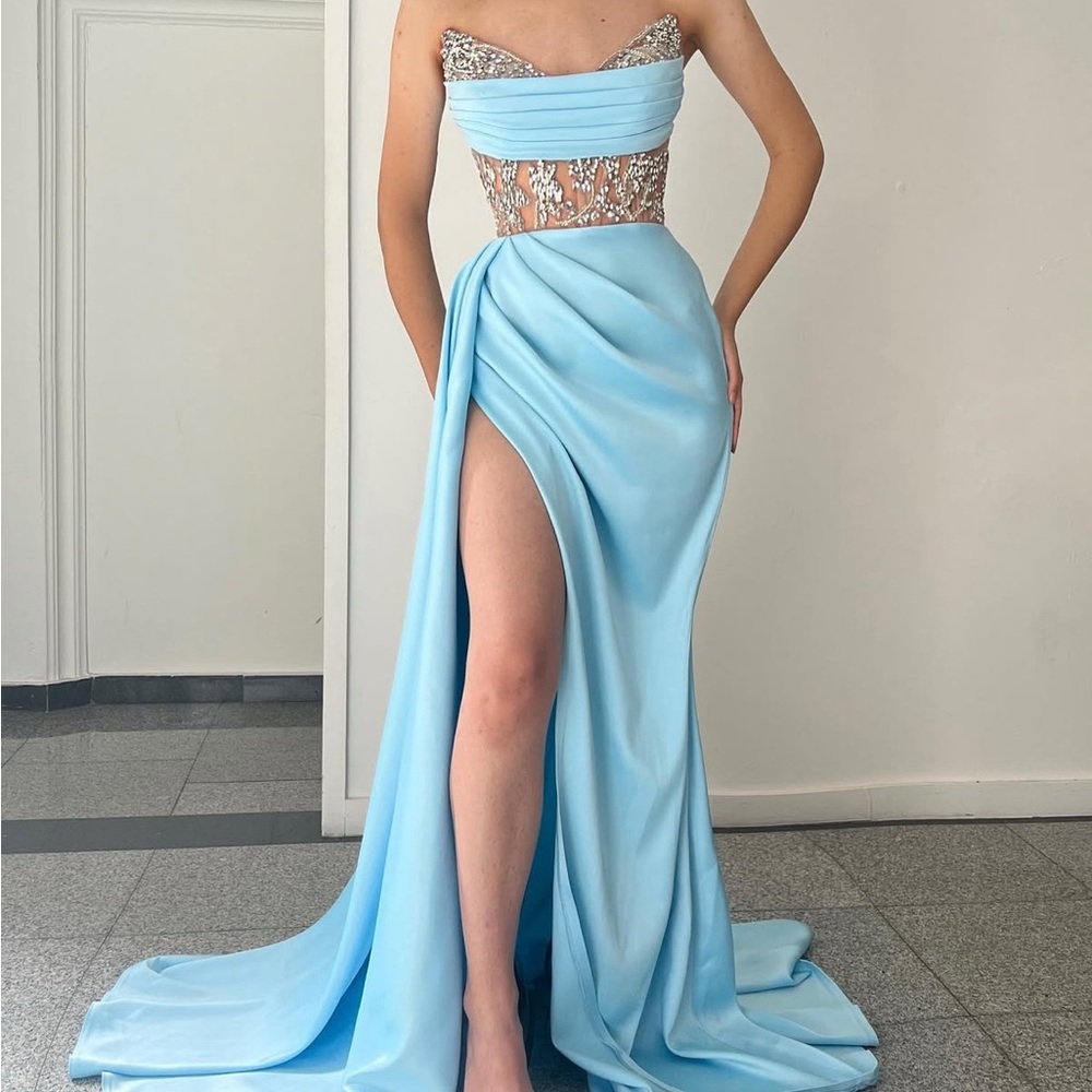 Brand New Elegant Light Blue Strapless Gown with Silver Embellishments